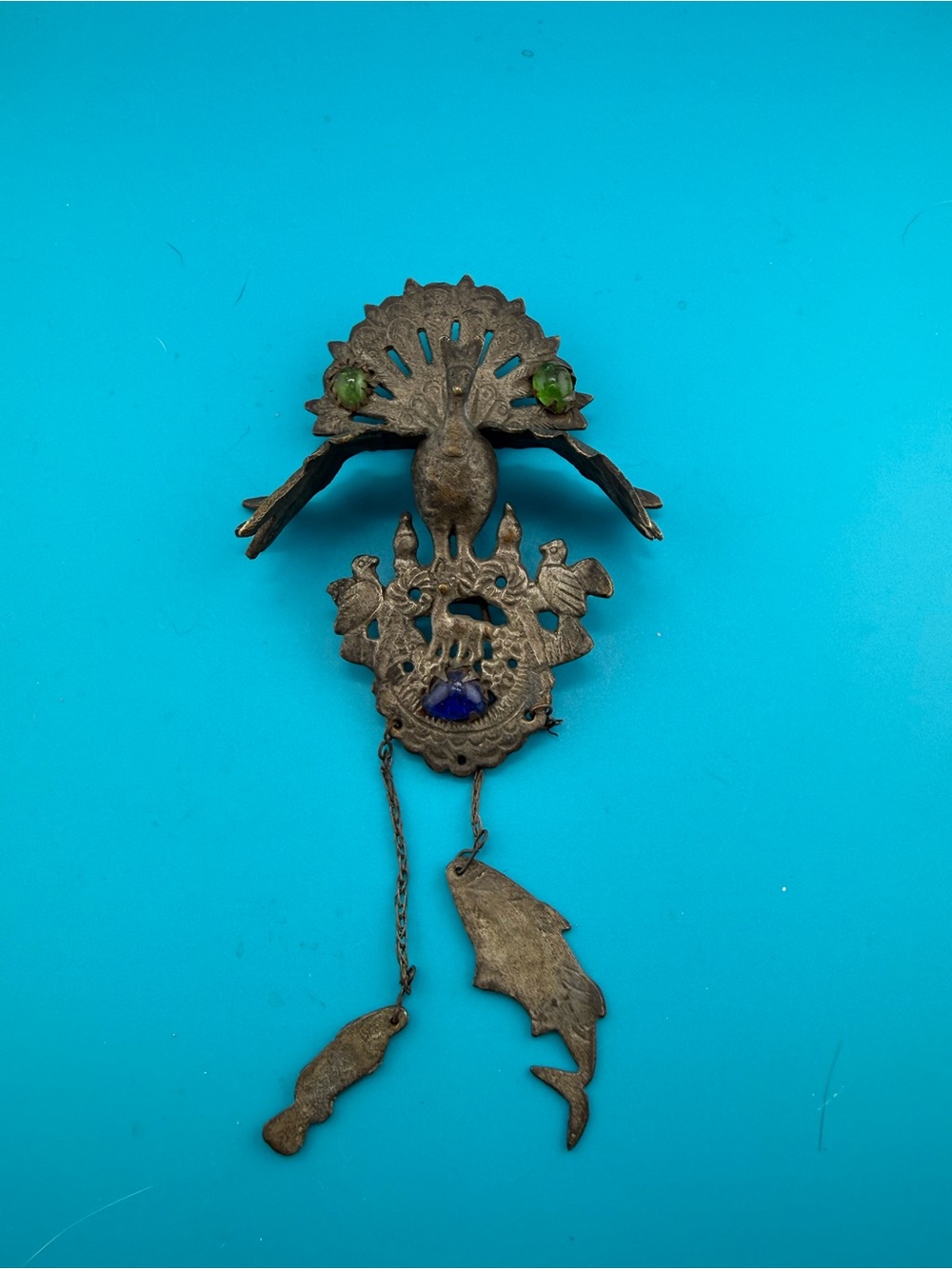 Vintage Andean Tupu Peacock Bird Fish Dangle Shawl Pin